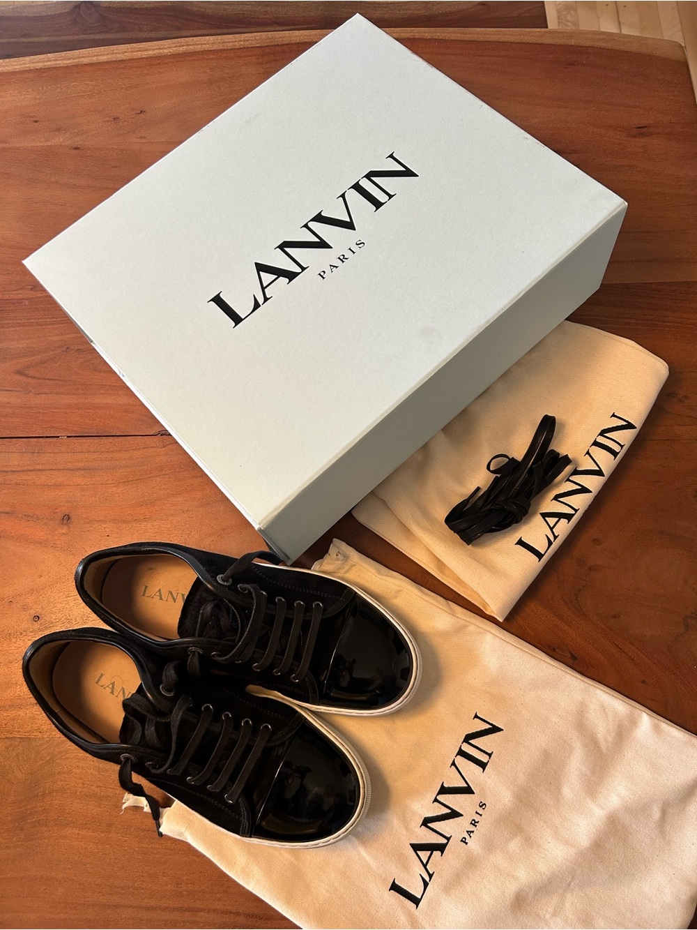 Lanvin Black Patent Leather and suede Low-Top Sneakers with White Trim